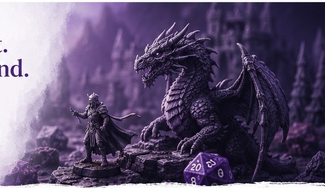 Fantasy tabletop adventure with a dragon and miniature hero